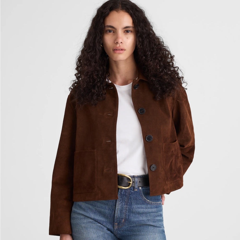 Madewell Boxy-Crop Jacket in Dark Roast Suede (NWT)